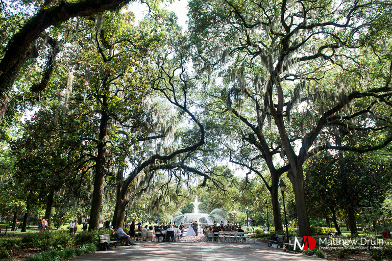 Wide shot of wedding ceremony at Forsyth Park wedding