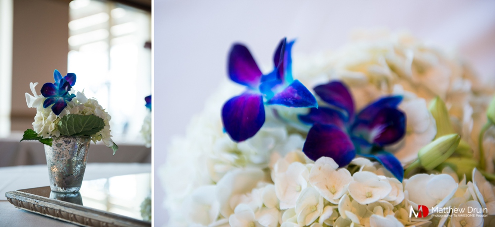 Blue and purple wedding flowers at The Peachtree Club wedding ceremony