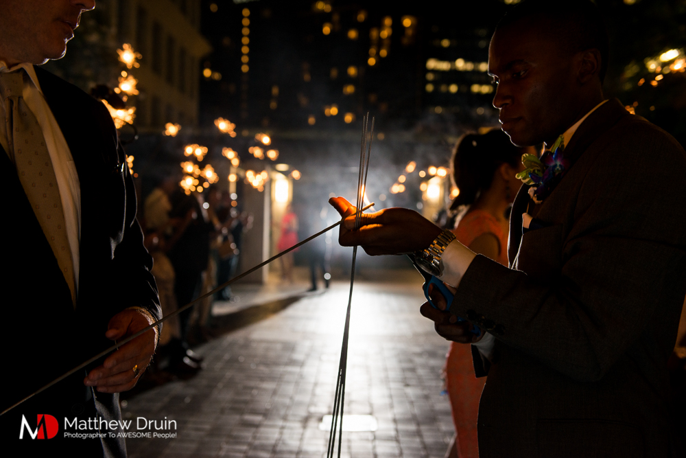 Wedding guests lighting sparklers for exit at The Peachtree Club wedding in Atlanta
