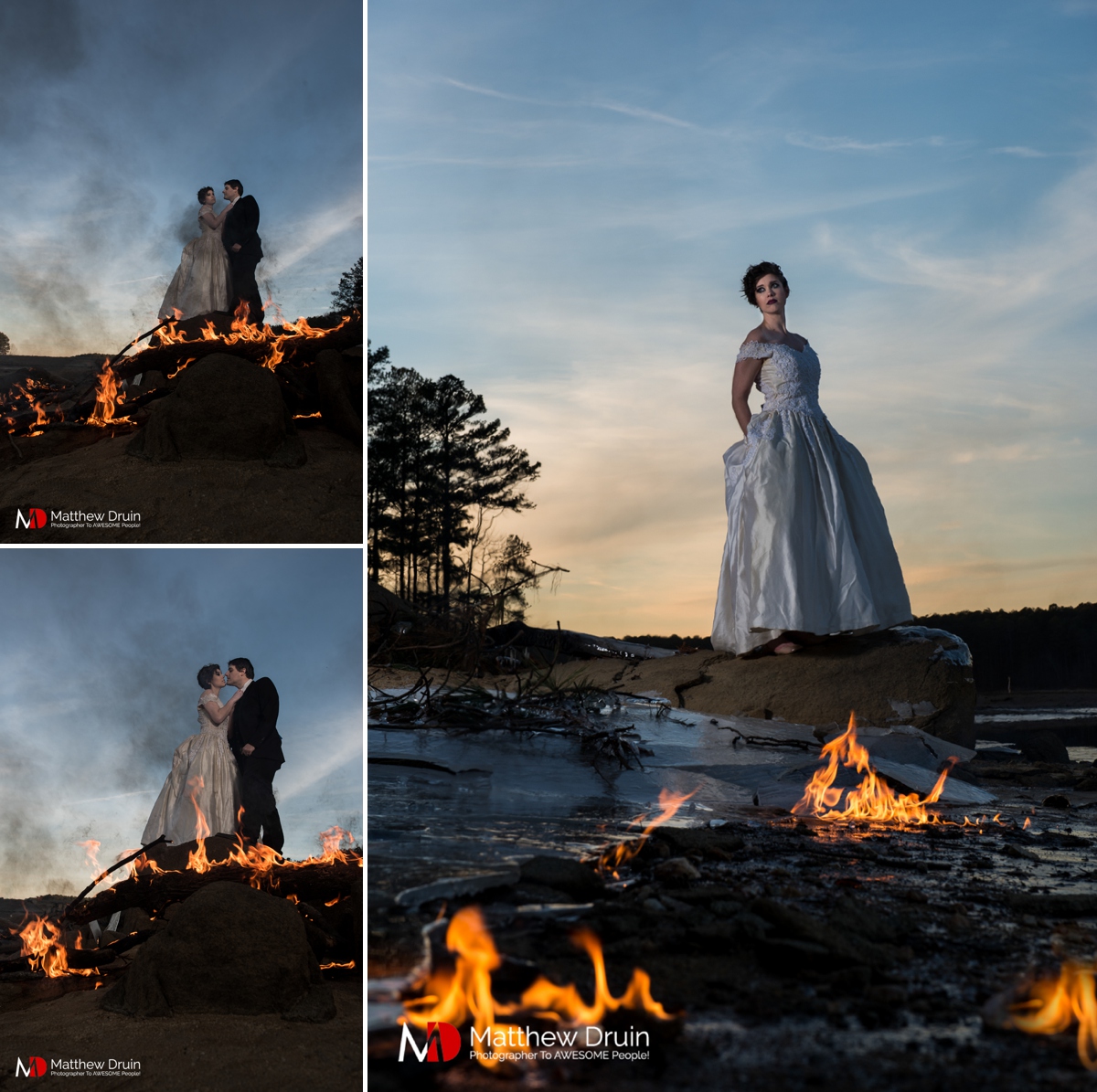 Bride winter trash the wedding dress with fire in the middle of Atlanta lake